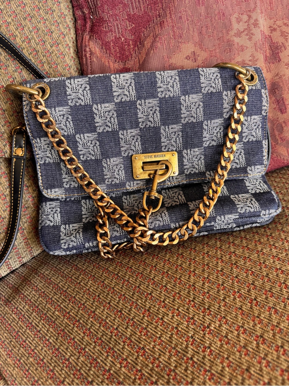 Steve Madden Navy Checker Jacquard Chain Shoulder Bag